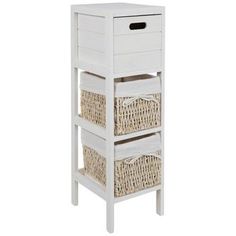 three wicker baskets stacked on top of each other in front of a white cabinet