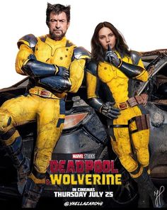 two people in yellow suits sitting on top of a car with the caption deadpool wolverine