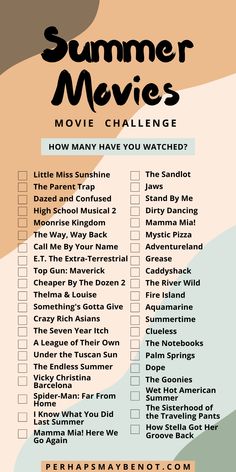 the summer movies movie challenge is shown in blue and orange colors, with text overlaying