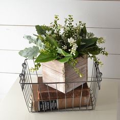 a basket filled with books and plants on top of a white table next to a wall