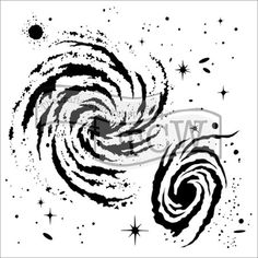 an abstract black and white spiral design with stars in the sky, on a white background