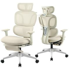 two office chairs sitting next to each other on casteor wheels, one white and the other beige