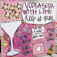 a pink sign with writing on it that says vodka - gor with time keep it open