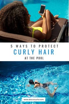 a pin of  a women sitting near and swimming in a pool Swimming Hairstyles For Curly Hair, Best Oils For Curly Hair, Edges Curly Hair, Low Density Curly Hair, Fall Hair Blonde, Oils For Curly Hair, Swim Hair Care, Hair Fall Remedies, Fast Curls