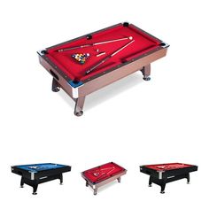 a pool table with four different colors and sizes, including the billiard's cues