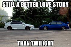 two cars parked next to each other in a parking lot with the caption still a better love story than twilight