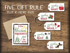 five christmas cards and tags on top of a wooden table with the words, four different types