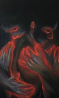 an abstract painting of two people embracing each other with red light coming from behind them