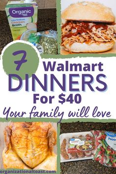 the words walmart dinners for $ 40 are overlaid with pictures of food and snacks