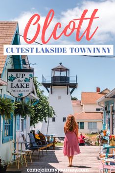 a girl walking down the street in front of a lighthouse with text overlay that reads,