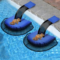 two cats sitting on chairs in the middle of a pool