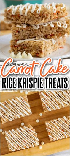 carrot cake rice krispie treats with white frosting and sprinkles on top