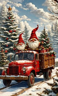 a painting of santa clause riding on the back of a red truck in front of a christmas tree