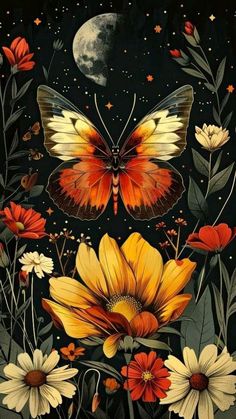 a painting of a butterfly and flowers with the moon in the sky behind it on a black background