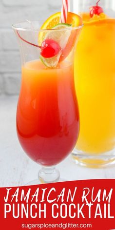 two glasses filled with punch cocktails on top of a white table next to each other