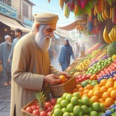 an old man standing in front of a fruit stand