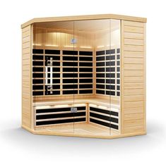 a wooden sauna with glass doors on the side