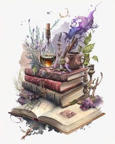 an open book sitting on top of a pile of books next to a bottle of wine