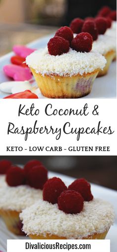 keto coconut and raspberry cupcakes on a plate