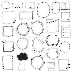 a set of hand drawn frames with hearts, arrows and other shapes on white paper