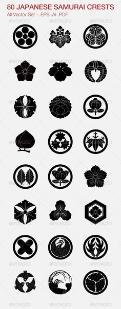 a large number of black and white logos on a white background with the words japanese samurai crest