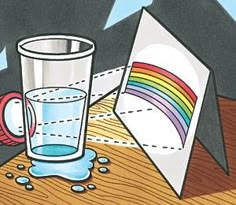 a drawing of a glass with water and rainbows on it next to a book