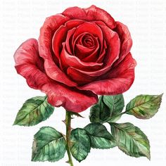 a drawing of a red rose with green leaves