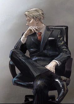 a drawing of a man in a suit sitting on a chair with his hand under his chin