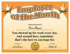 employee of the month certificate with stars and ribbon on an orange background for employees to be awarded