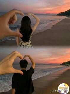 two people standing on the beach with their hands in the air and one person making a heart shape