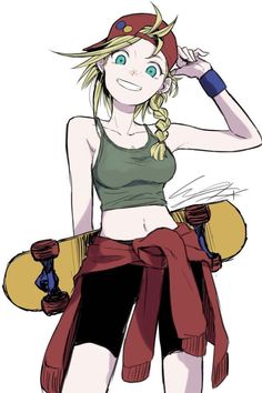 a drawing of a girl with long hair holding a skateboard and wearing a hat