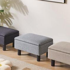 three different colored ottomans sitting on top of a wooden floor next to a potted plant