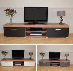 four different views of a flat screen tv on a entertainment center with two lamps and flowers