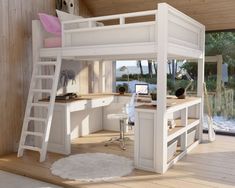 a loft bed with desk and ladders in a room next to a sliding glass door