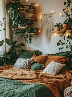 Floor Bed Inspo Aesthetic, Green Plant Room Aesthetic Bedroom, Bright Plant Bedroom, Plants On Canopy Bed, Bedroom Ideas Orange And Green, Boho Green Apartment, Earthy Room Decor Bedroom, Earthy Bright Bedroom, Bedroom Inspirations 70s