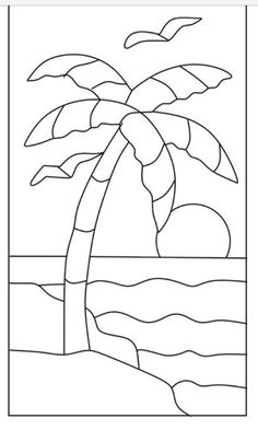 a coloring page with a palm tree on the beach