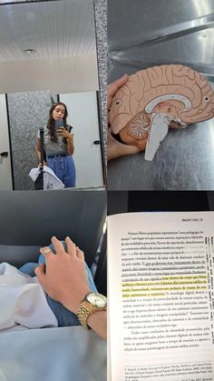 a woman holding an open book in front of her face and looking at the human brain