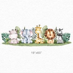 a watercolor drawing of animals and plants on the grass with text that says jungle