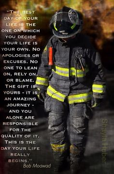 a firefighter standing in the middle of a road with a poem written on it