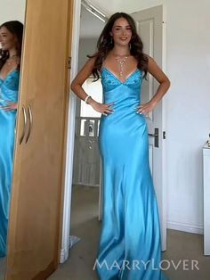 Gorgeous Mermaid Blue Satin Long Evening Prom Dresses, V-neck Prom Dress, MR9299 This dress could be custom made, there are no extra cost to do custom size and color.Description of dress1, Material: satin, elastic like silk, pongee.2, Color: picture color or other colors, there are 126 colors are available, please contact us for more colors.3, Size: standard size or custom size, if dress is custom made, we need to size as followingbust______ cm/inchwaist______cm/inchhip:_______cm/inch (Find the widest part of the hips)shoulder to shoulder :_______cm/inch (measured from back of shoulder)shoulder to bust :_______cm/inch (measured from middle shoulder to nipple)shoulder to waist :_______cm/inch (measured from middle of shoulder to natural waist)shoulder to hem with shoes on :_______cm/inch (m Early 2000 Dresses, Mermaid Blue Prom Dress, Unique Blue Prom Dresses, Senior Year Prom Dress, Prom Dress 2025 Ideas, Blue Long Dress Prom, Beach Prom Dress