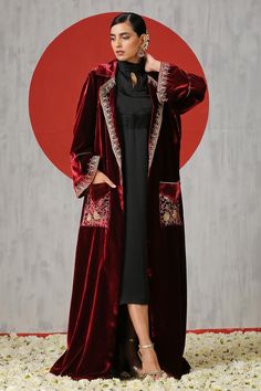 Black silk solid dress with turtle neckline. Paired with maroon long sleeve velvet front pocket jacket with Kashmiri tilla embroidery. - Aza Fashions Jewish Woman Clothing, Velvet Kaftan, Velvet Suit Design, Red Embroidered Dress, Groovy Clothes, Kimono Coat, Velvet Suit, Suit Design, Abaya Designs