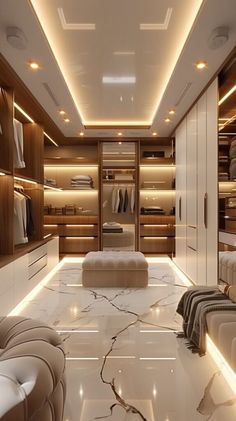 a walk in closet with marble flooring and white walls, lighted by recessed lighting