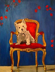 a painting of a dog sitting on a red chair