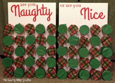 two christmas cards made to look like they have green and red plaid buttons on them