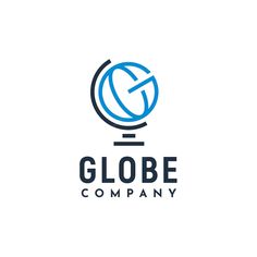 the globe company logo is shown in blue and black, with an arrow pointing to it