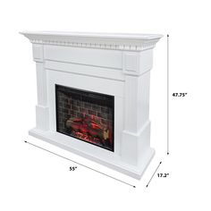 a white fireplace with the measurements for it