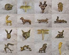 there are many different types of animals and birds on this page, all in gold