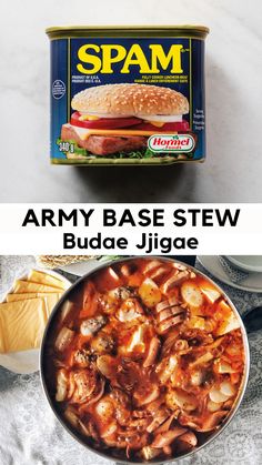 Can of spam and shallow braised filled with Korean army base stew or budae jjigae Budae Jjigae Recipe, Army Base Stew, Korean Army Stew, Budae Jjigae, Pantry Basics, Korean Army, Us Military Bases