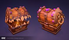 two wooden chests with purple lights on them