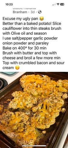 an image of food on a baking sheet with text above it that reads, execs only don't pay potato slices better than baked in the steak